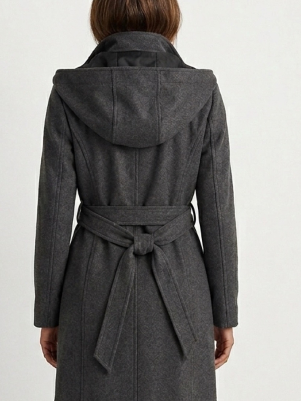 Womens Charcoal Hooded Belted Wool-Blend Coat - Picture 2 of 6
